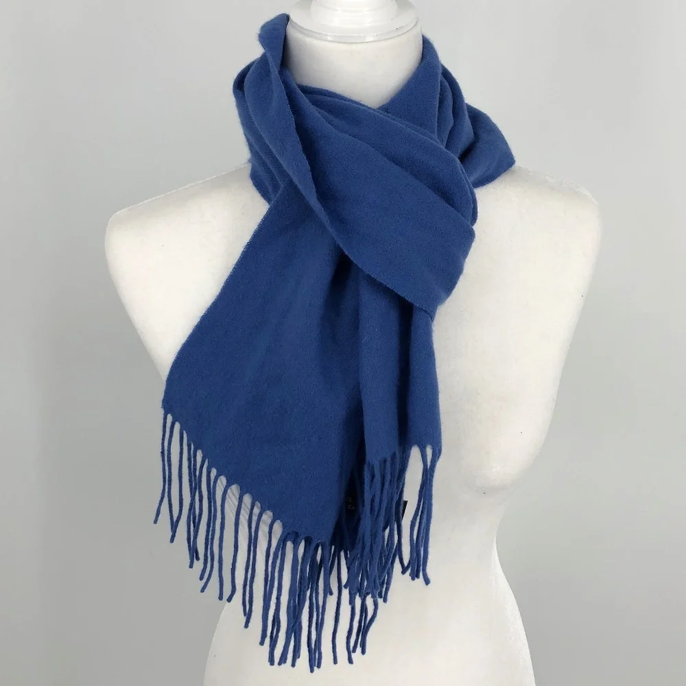 Club Room Mens 100% Cashmere Fringe Scarf‎ Solid Blue Classic Luxury Lightweight